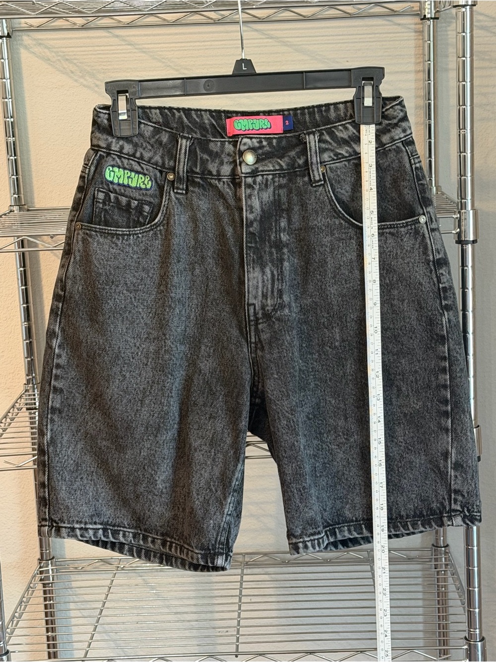 Empyre Black Washed Denim Shorts with Green Logo Patch